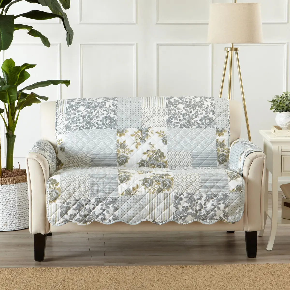 Great Bay Home Reversible Floral Patchwork Loveseat Cover, Patchwork - Grey | Cottage-Inspired Decor & Furniture Protection - main product image