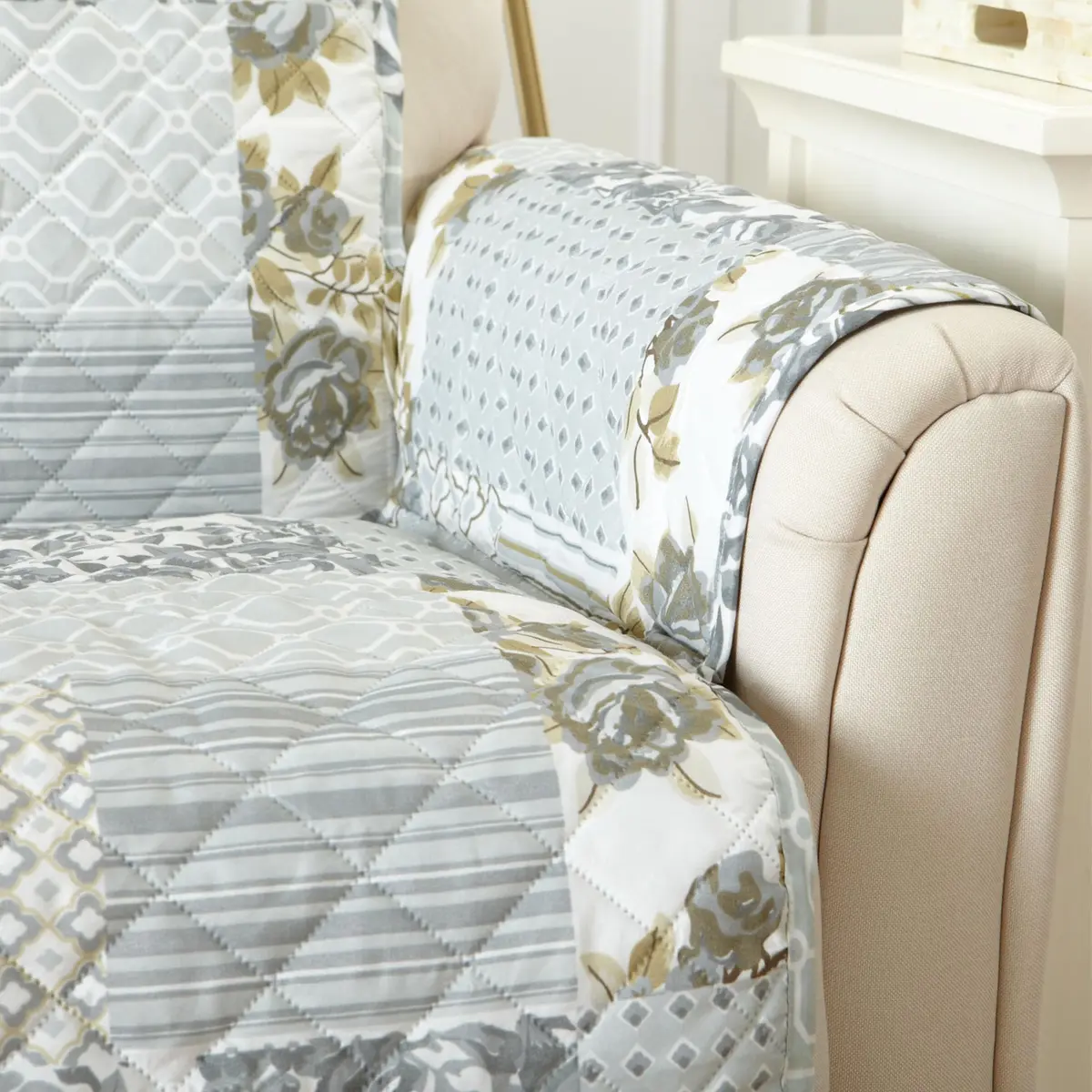 Great Bay Home Reversible Floral Patchwork Loveseat Cover, Patchwork - Grey | Cottage-Inspired Decor & Furniture Protection - view 4
