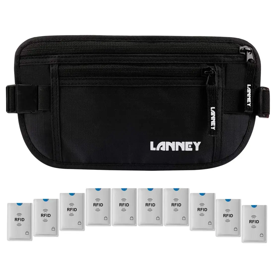 LANNEY RFID Blocking Money Belt Waist Wallet with 10 Card Sleeves | Waterproof Hidden Stash for Travel - main product image