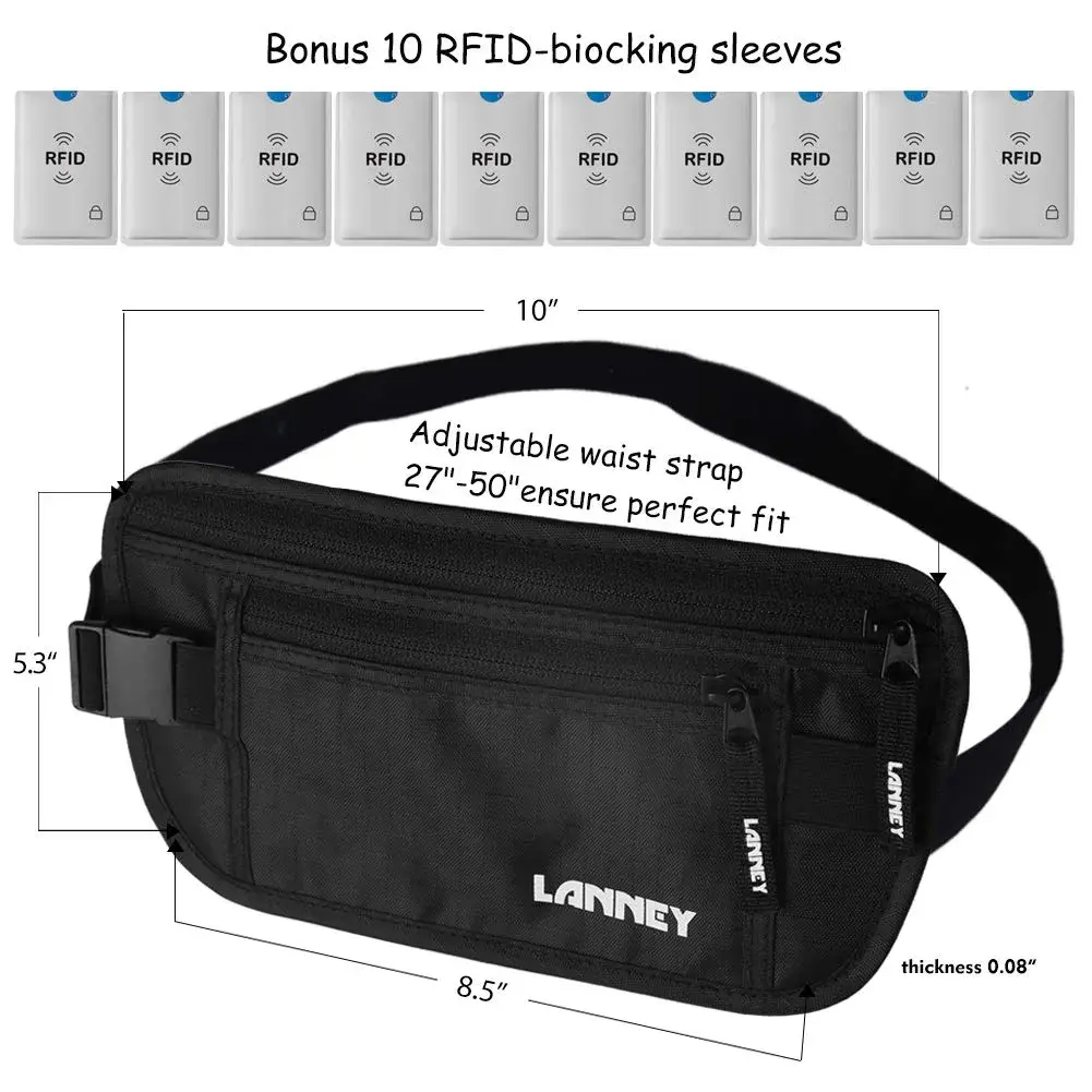 LANNEY RFID Blocking Money Belt Waist Wallet with 10 Card Sleeves | Waterproof Hidden Stash for Travel - view 6
