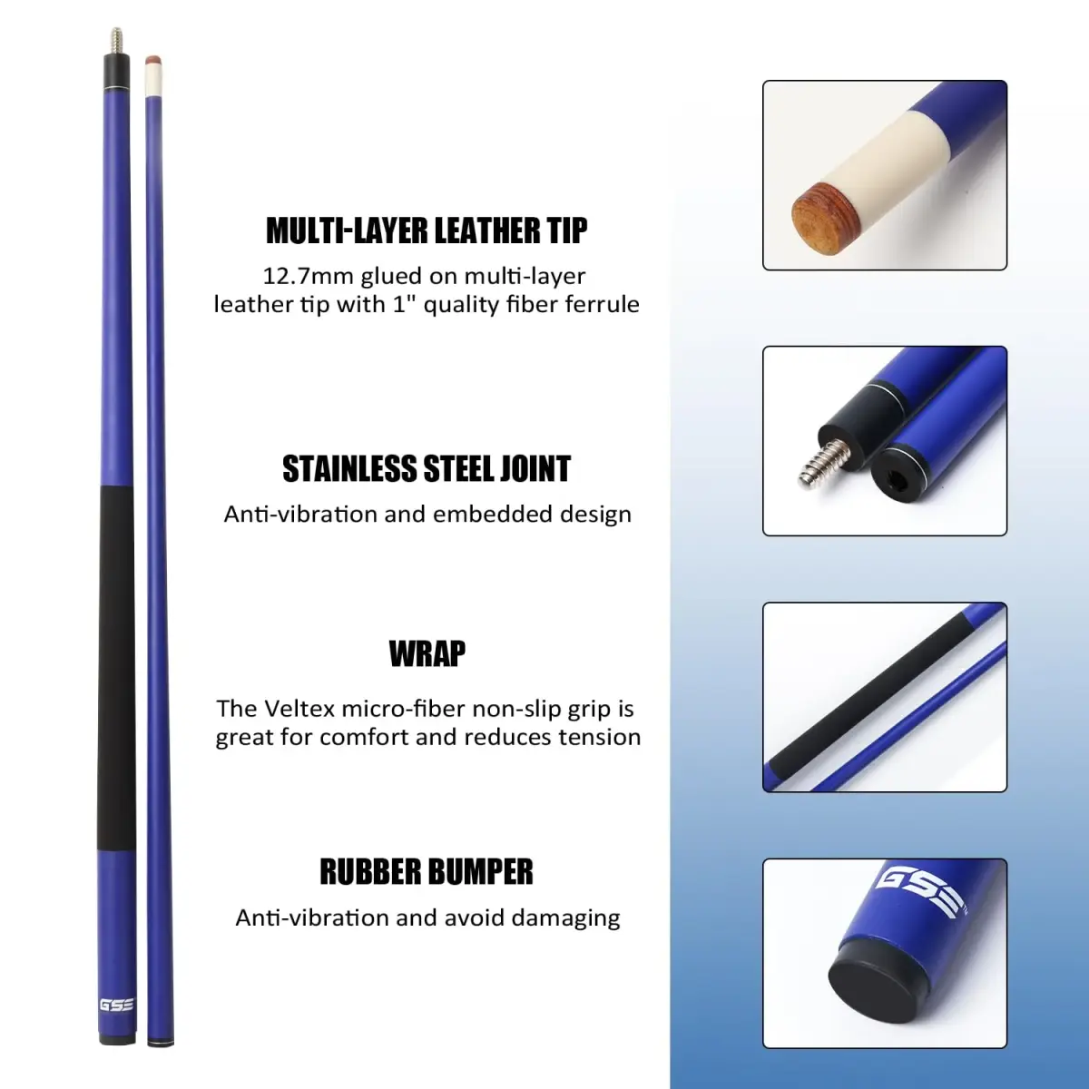 GSE Games & Sports Expert Fiberglass Graphite Pool Cue Stick 58" 20oz | Warp-Resistant Matte Blue - view 2