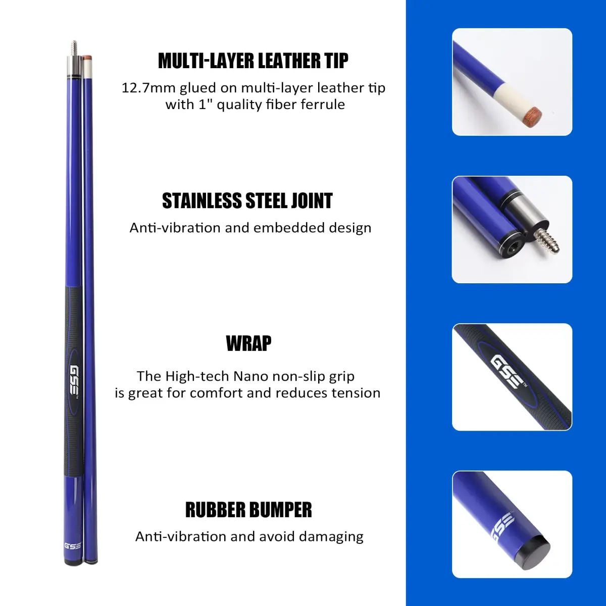 GSE Games & Sports Expert Blue 20oz 58" 2-Piece Fiberglass Graphite Composite Pool Cue Stick | Warp-Resistant Construction - view 2