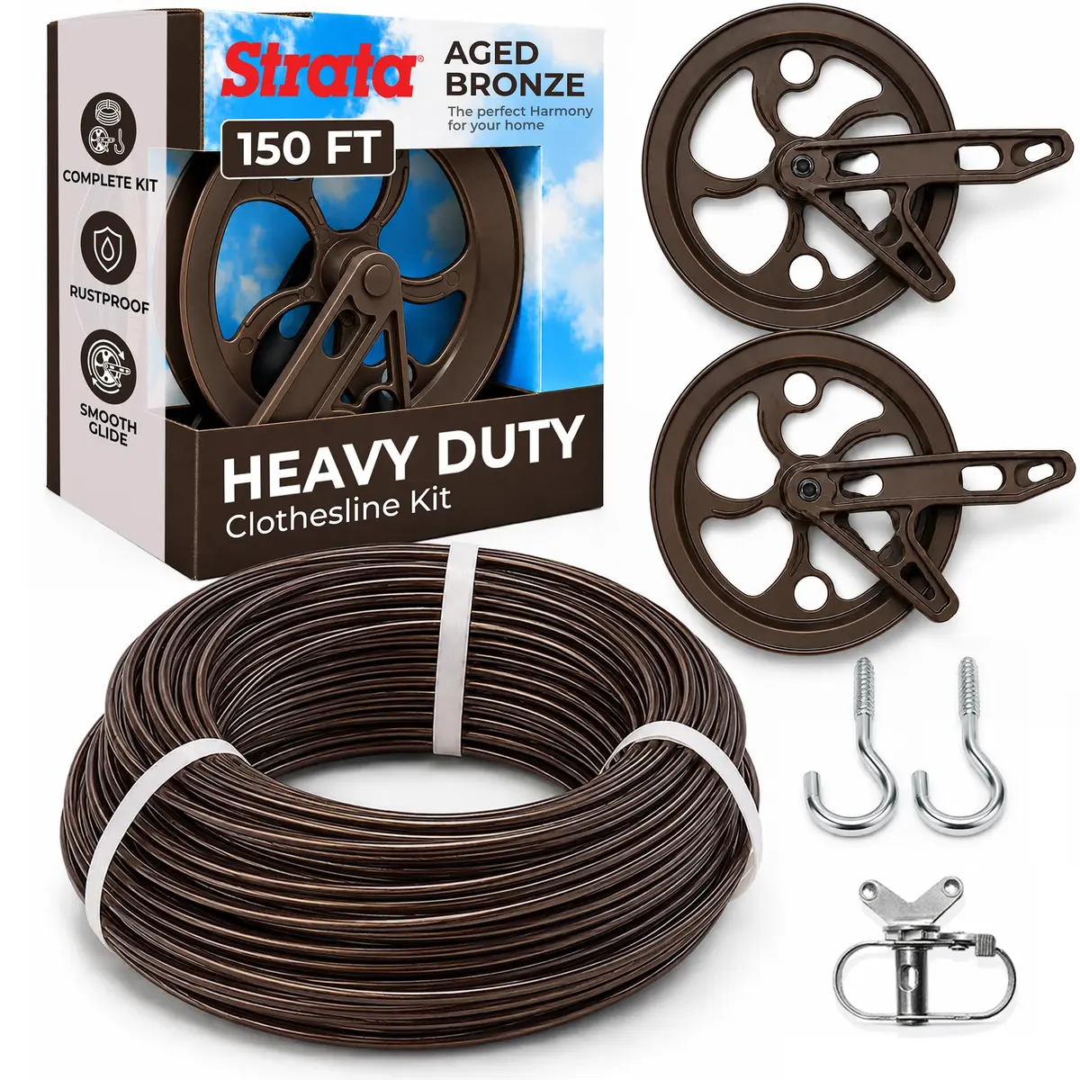 Strata Heavy-Duty Clothesline Kit, 150 ft Steel Cable, Aged Bronze | Rustproof Galvanized Steel for Outdoor Use - main product image
