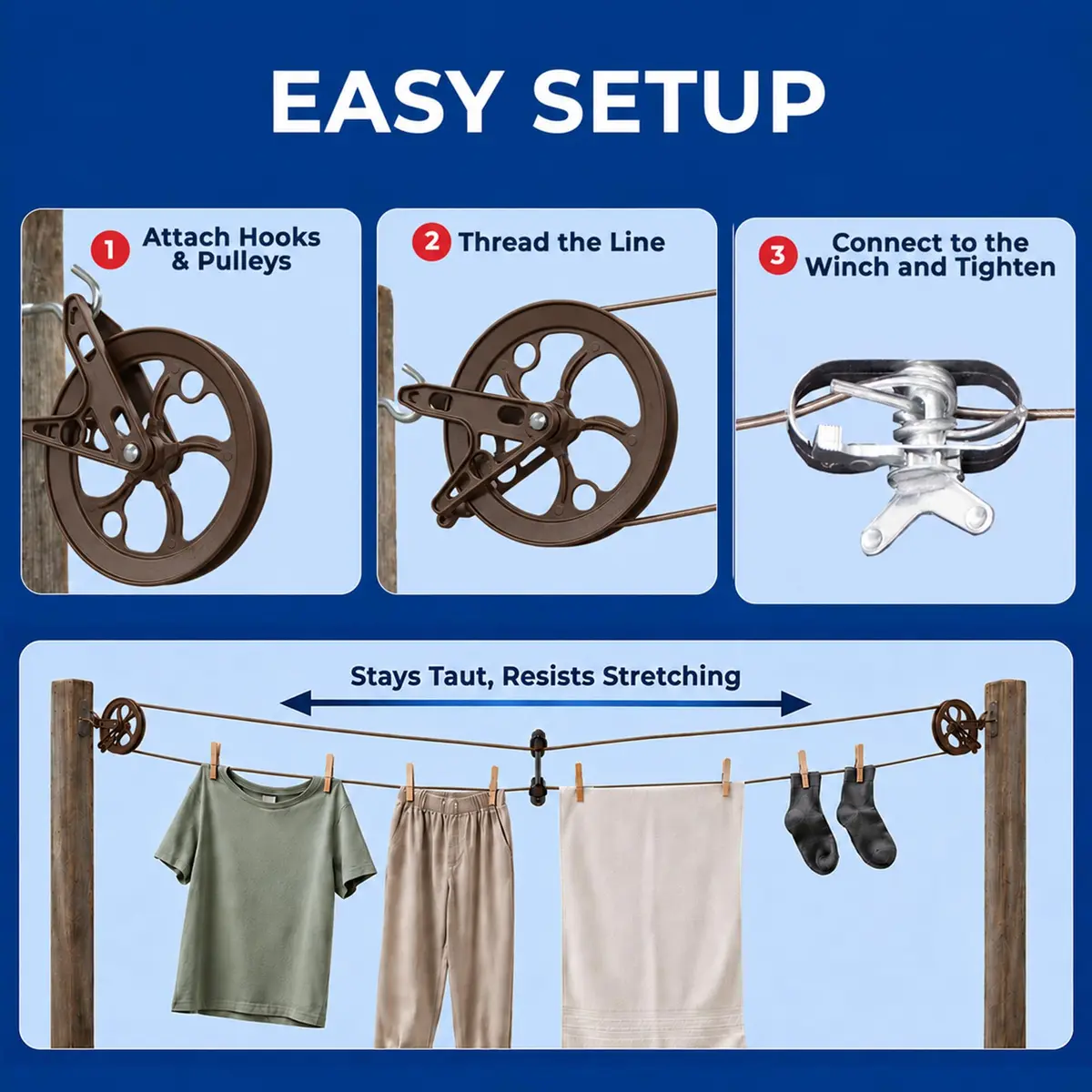Strata Heavy-Duty Clothesline Kit, 150 ft Steel Cable, Aged Bronze | Rustproof Galvanized Steel for Outdoor Use - view 5
