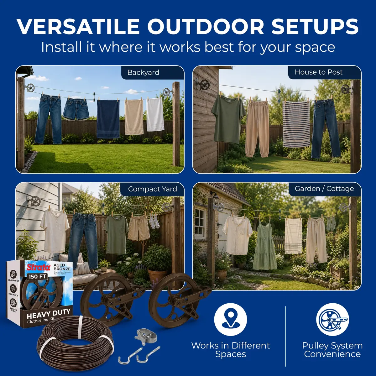 Strata Heavy-Duty Clothesline Kit, 150 ft Steel Cable, Aged Bronze | Rustproof Galvanized Steel for Outdoor Use - view 6