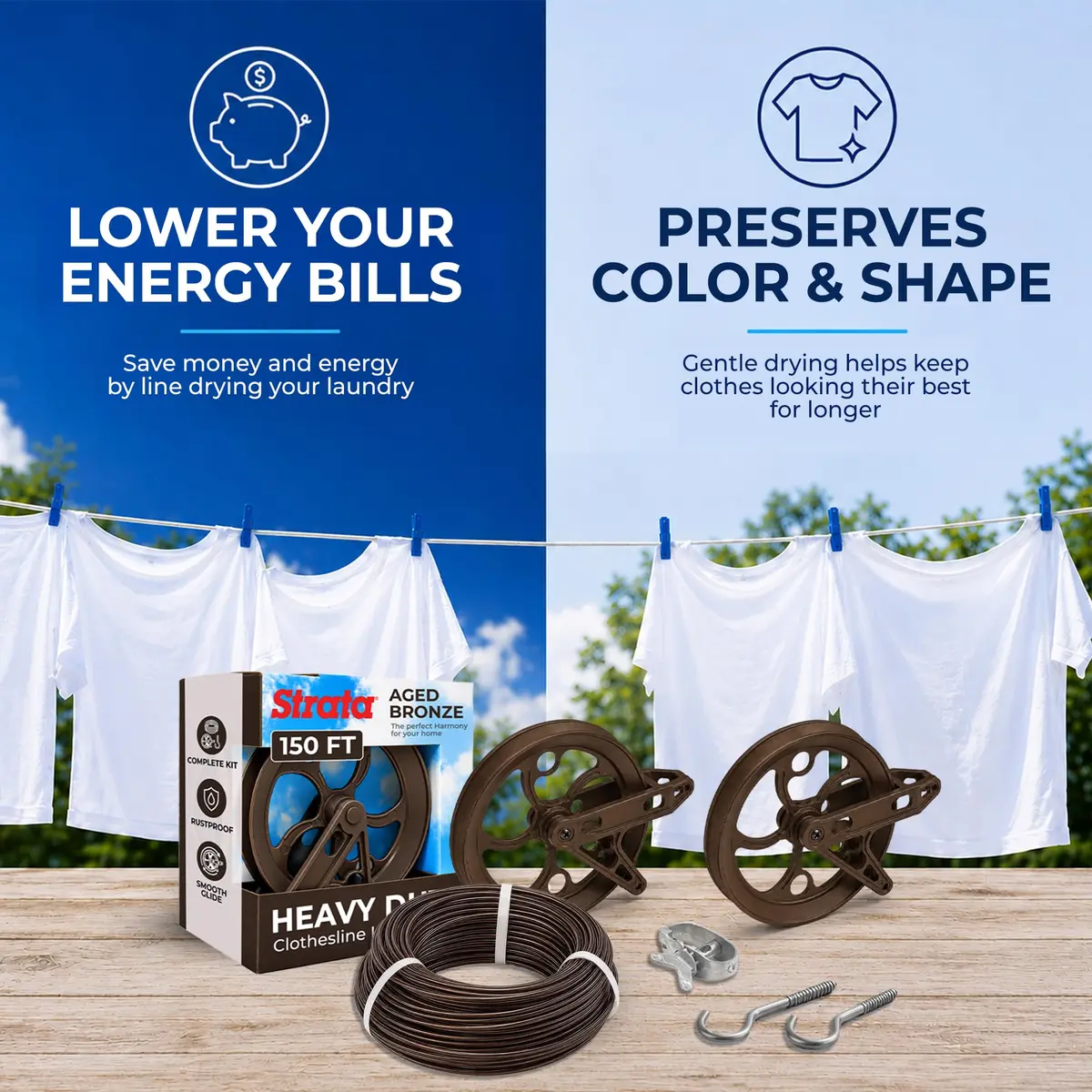 Strata Heavy-Duty Clothesline Kit, 150 ft Steel Cable, Aged Bronze | Rustproof Galvanized Steel for Outdoor Use - view 7