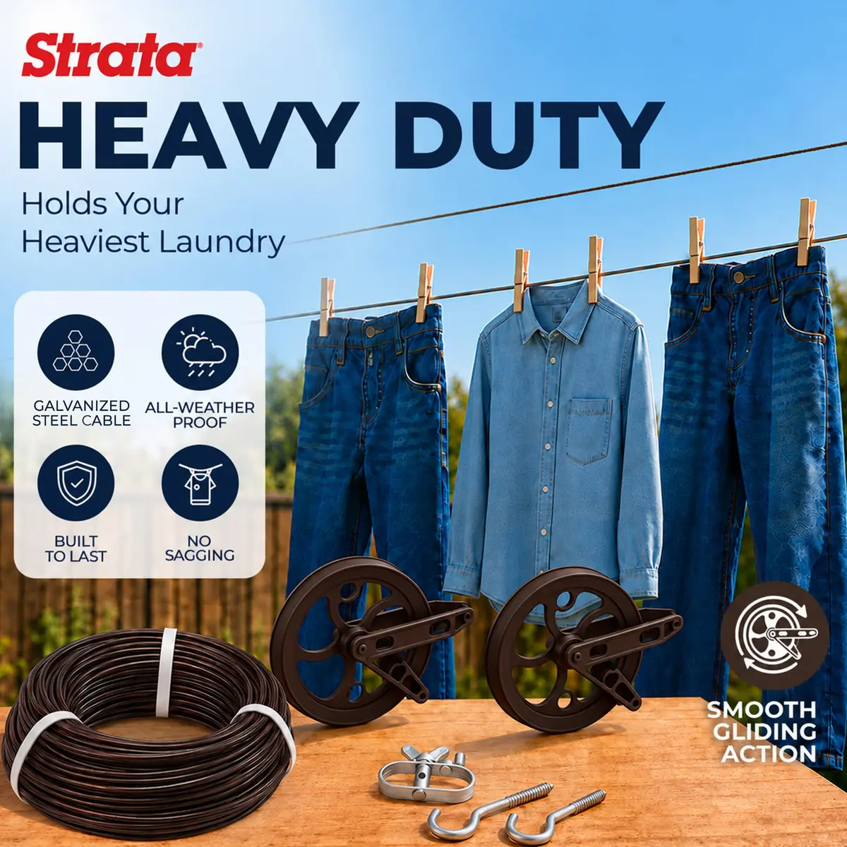 Strata Heavy-Duty Clothesline Kit, 150 ft Steel Cable, Aged Bronze | Rustproof Galvanized Steel for Outdoor Use - view 3