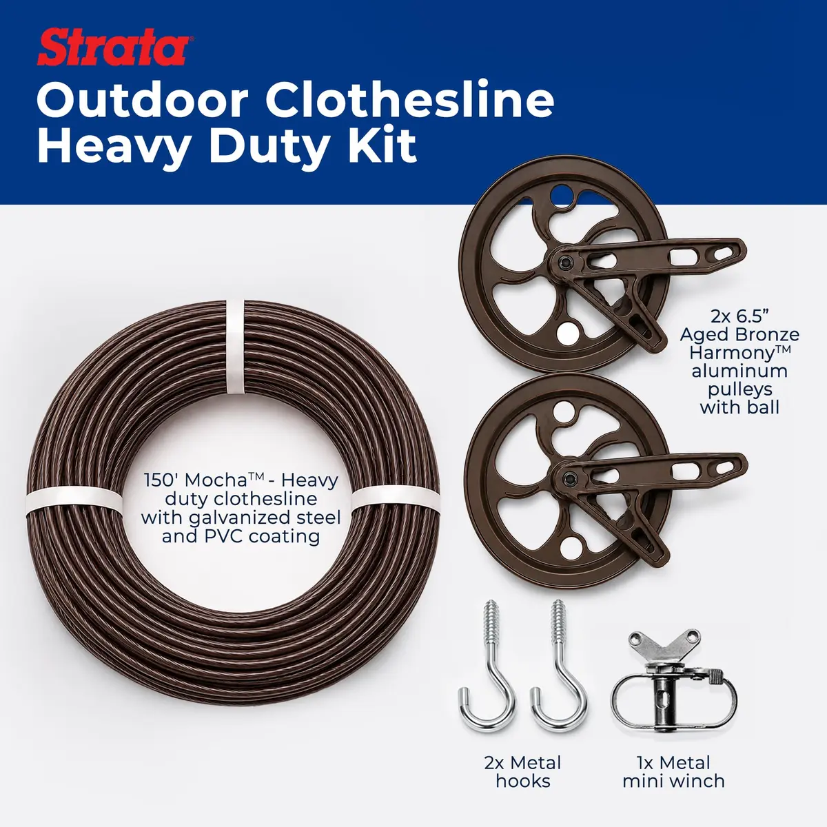 Strata Heavy-Duty Clothesline Kit, 150 ft Steel Cable, Aged Bronze | Rustproof Galvanized Steel for Outdoor Use - view 4
