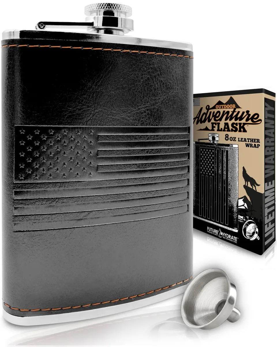 Future Hydrate Leather American Flag Hip Flask 8oz | Leak Proof, Food Grade Stainless Steel, Bonus Funnel - main product image
