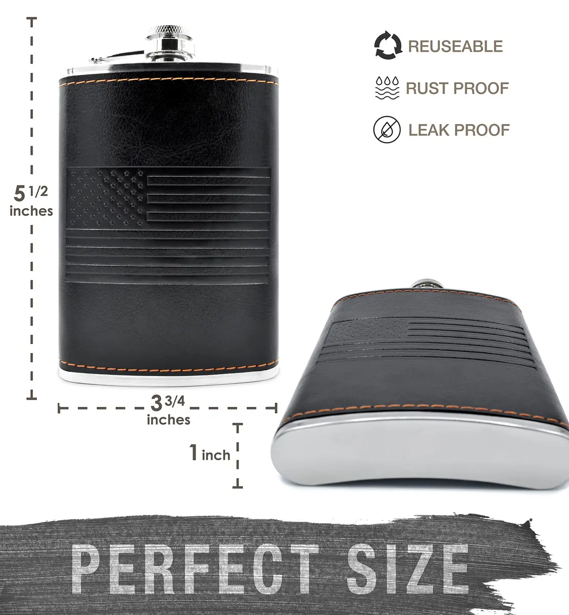 Future Hydrate Leather American Flag Hip Flask 8oz | Leak Proof, Food Grade Stainless Steel, Bonus Funnel - view 6