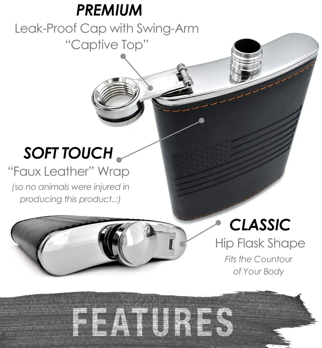 Future Hydrate Leather American Flag Hip Flask 8oz | Leak Proof, Food Grade Stainless Steel, Bonus Funnel - view 7