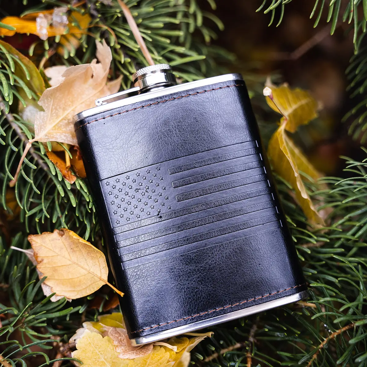 Future Hydrate Leather American Flag Hip Flask 8oz | Leak Proof, Food Grade Stainless Steel, Bonus Funnel - view 2