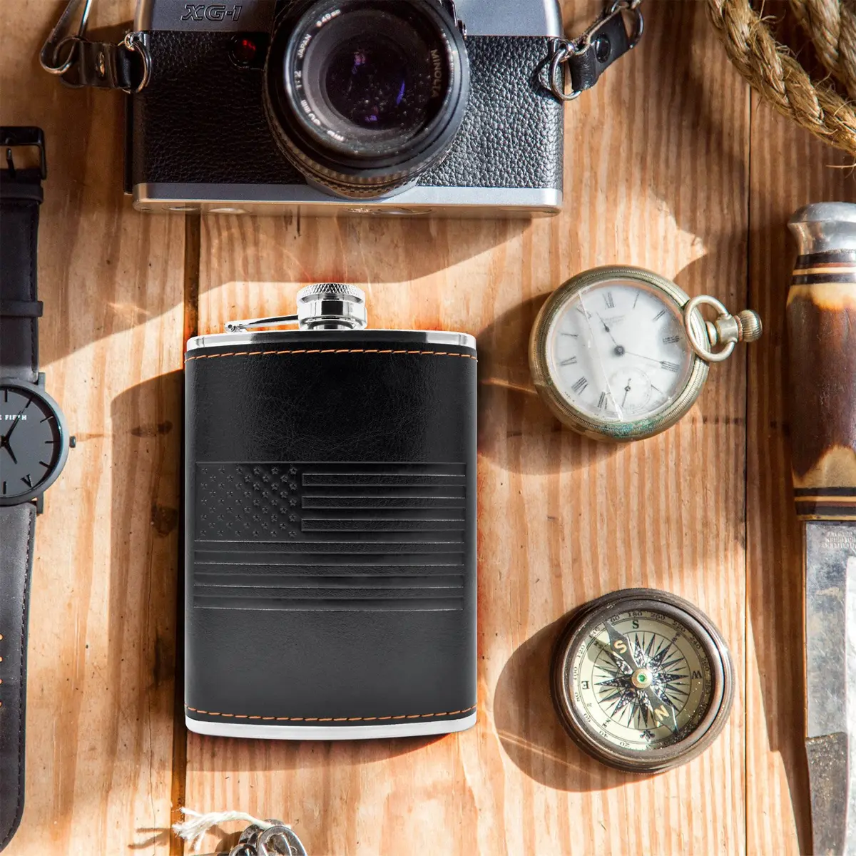 Future Hydrate Leather American Flag Hip Flask 8oz | Leak Proof, Food Grade Stainless Steel, Bonus Funnel - view 4