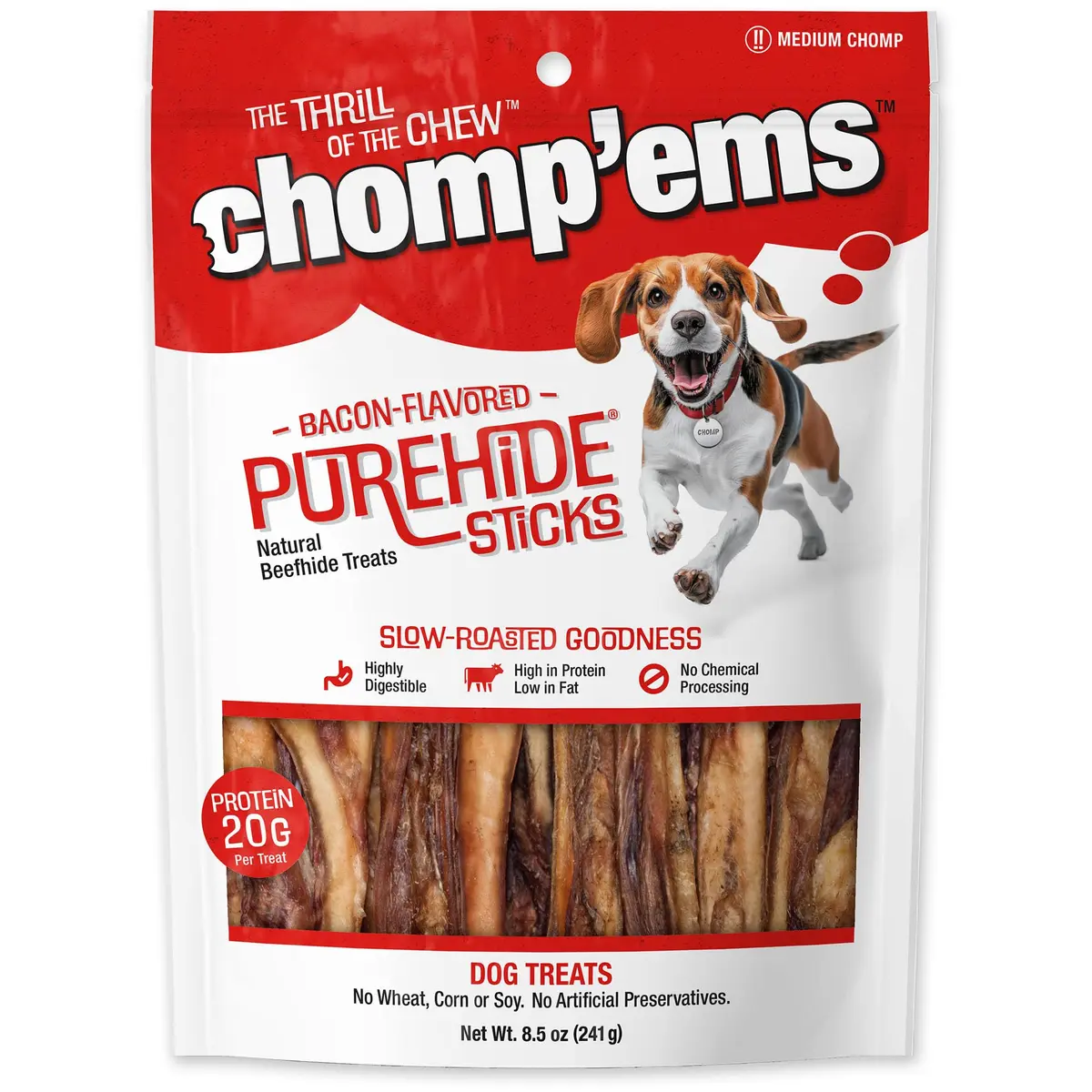 CHOMP 'EMS Purehide Bacon Flavored Sticks 8.5 oz | Long-Lasting, Protein-Rich Dog Chews - main product image