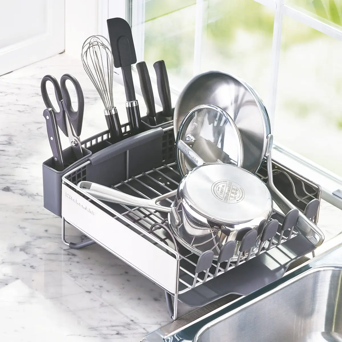 KitchenAid Compact Dish Rack with Removable Flatware Caddy & Self-Draining Board, Satin Gray | Space-Saving Kitchen Organizer - view 5