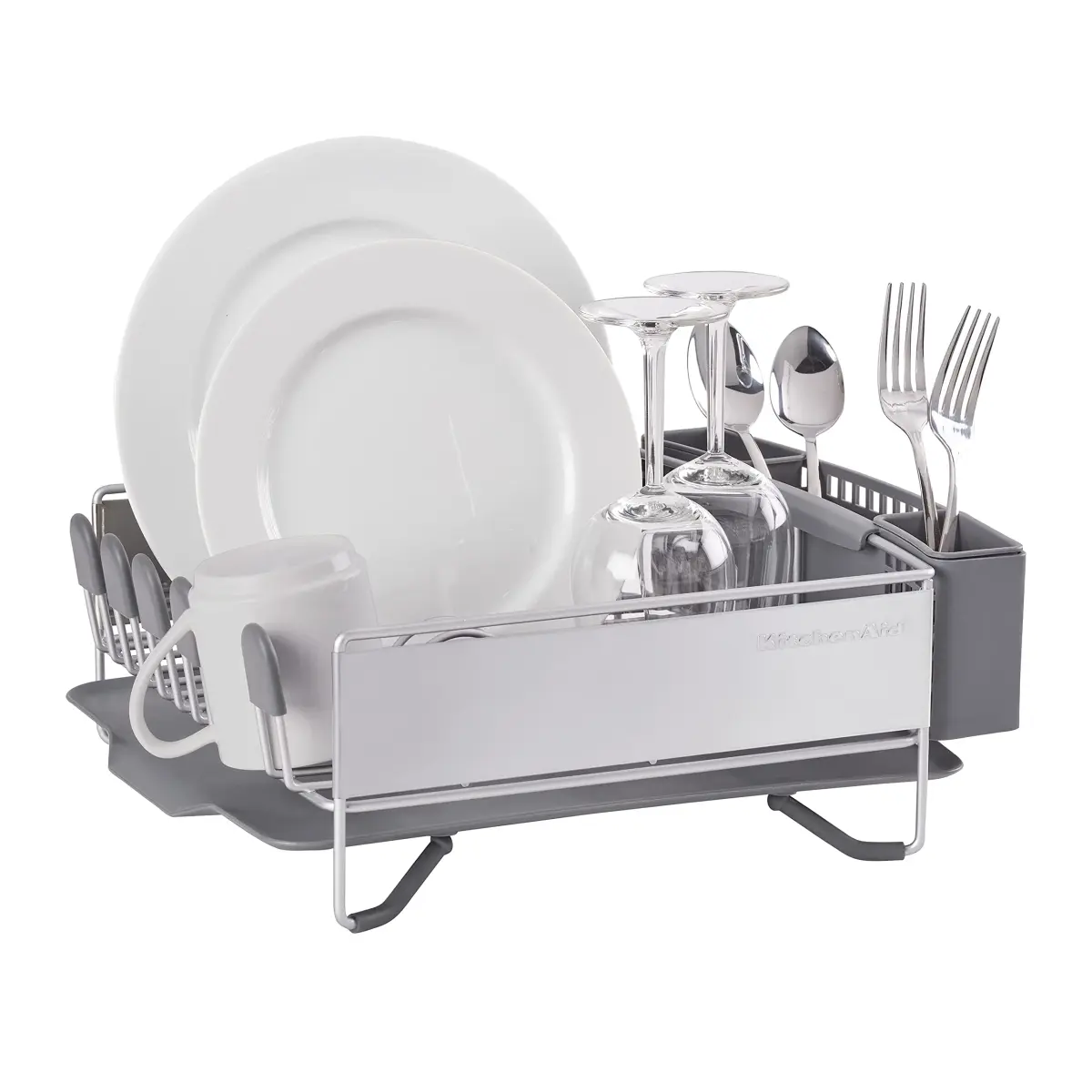 KitchenAid Compact Dish Rack with Removable Flatware Caddy & Self-Draining Board, Satin Gray | Space-Saving Kitchen Organizer - view 2