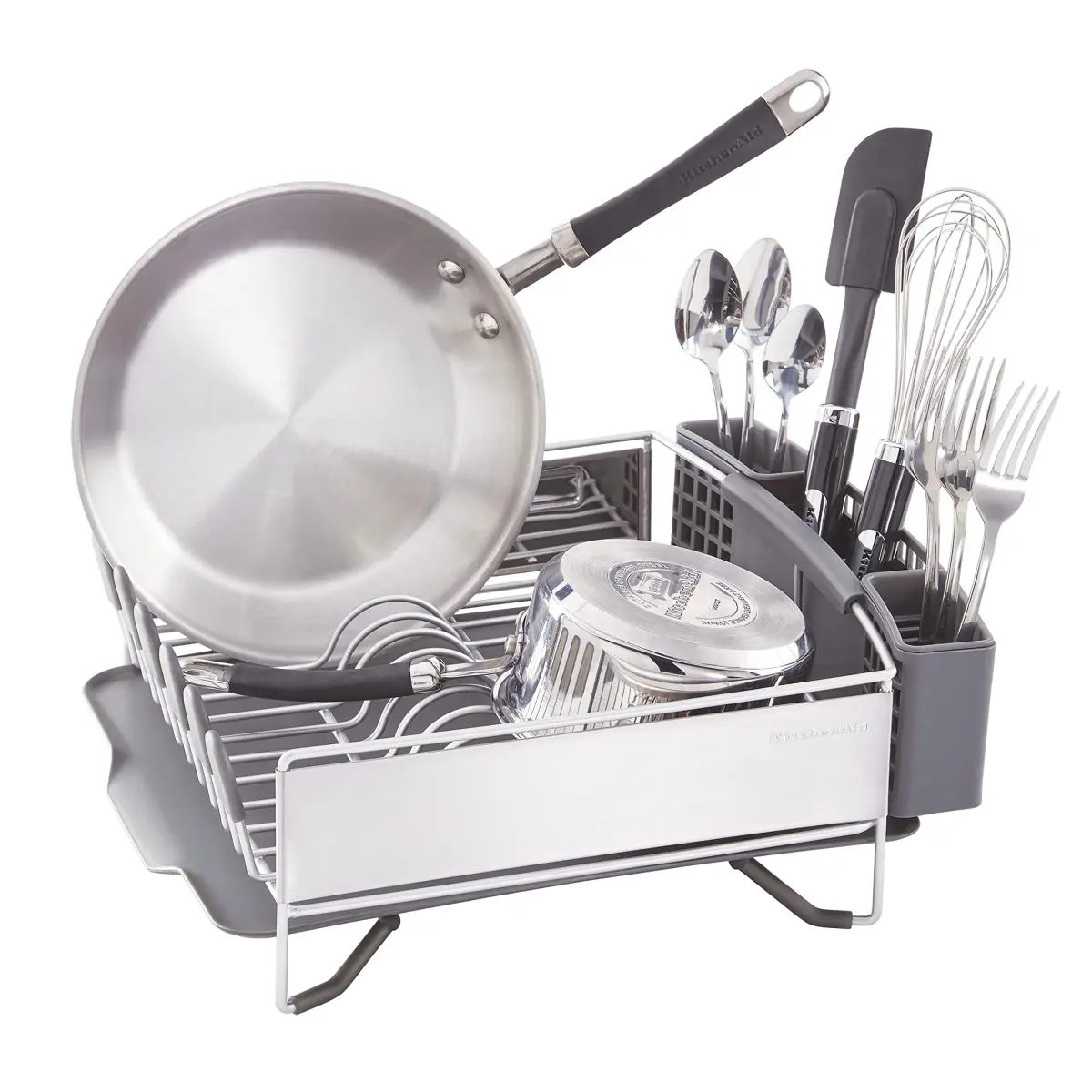 KitchenAid Compact Dish Rack with Removable Flatware Caddy & Self-Draining Board, Satin Gray | Space-Saving Kitchen Organizer - view 3