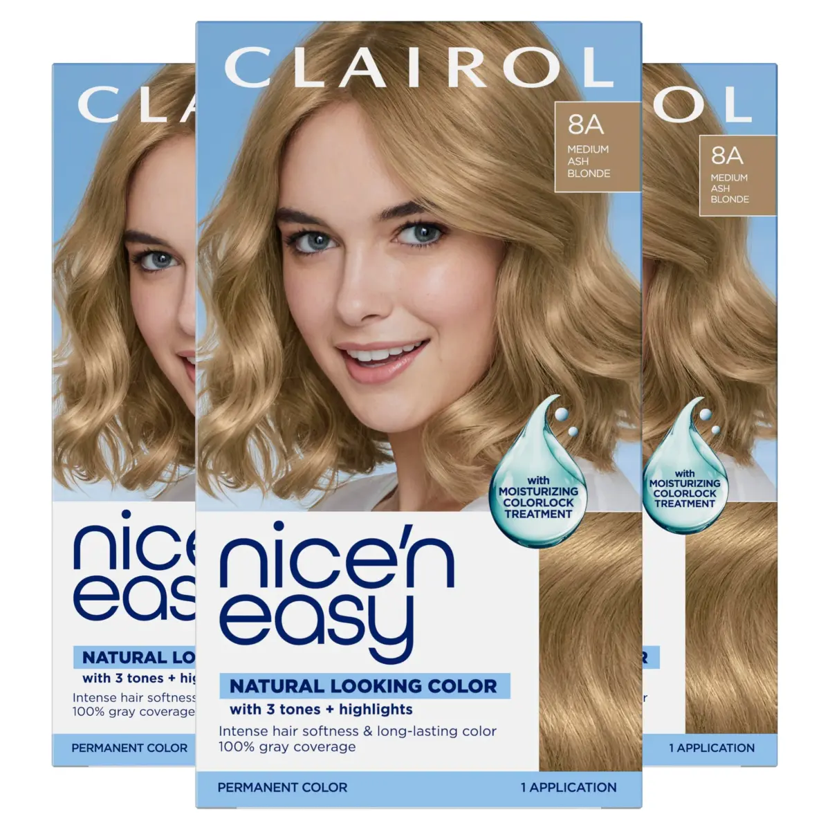 Clairol Nice'n Easy Permanent Hair Dye 8A Medium Ash Blonde | 6.26 Fl Oz (Pack of 3) - main product image