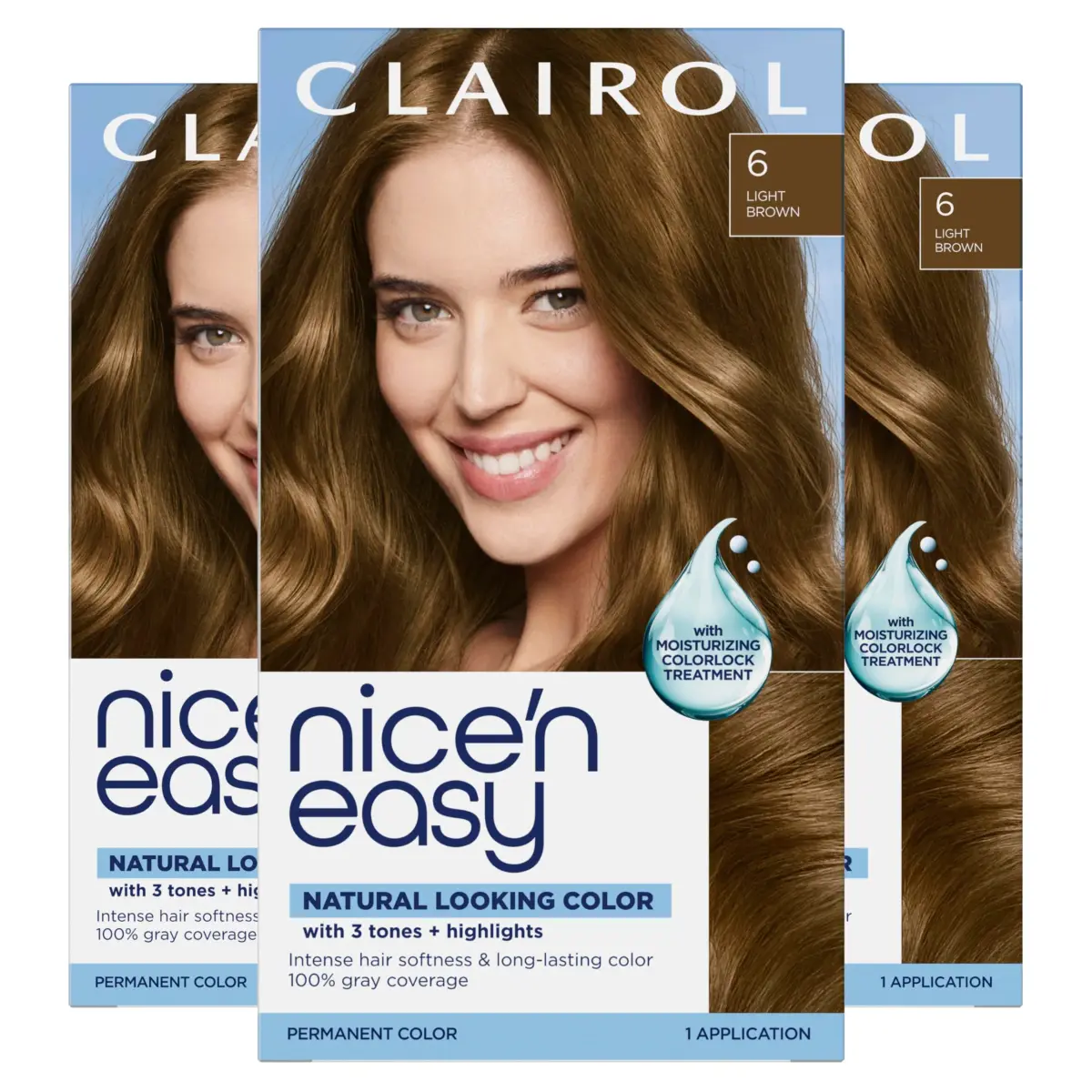 Clairol Nice'n Easy Permanent Hair Dye - 6 Light Brown, 3 Count | 100% Gray Coverage - main product image