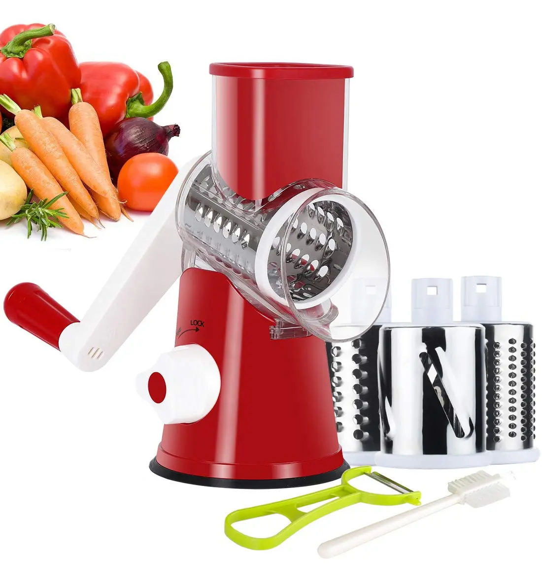 Ourokhome Rotary Cheese Grater Hand Crank | 3 Blades for Cheese & Vegetables, 304 Stainless Steel, Red - main product image