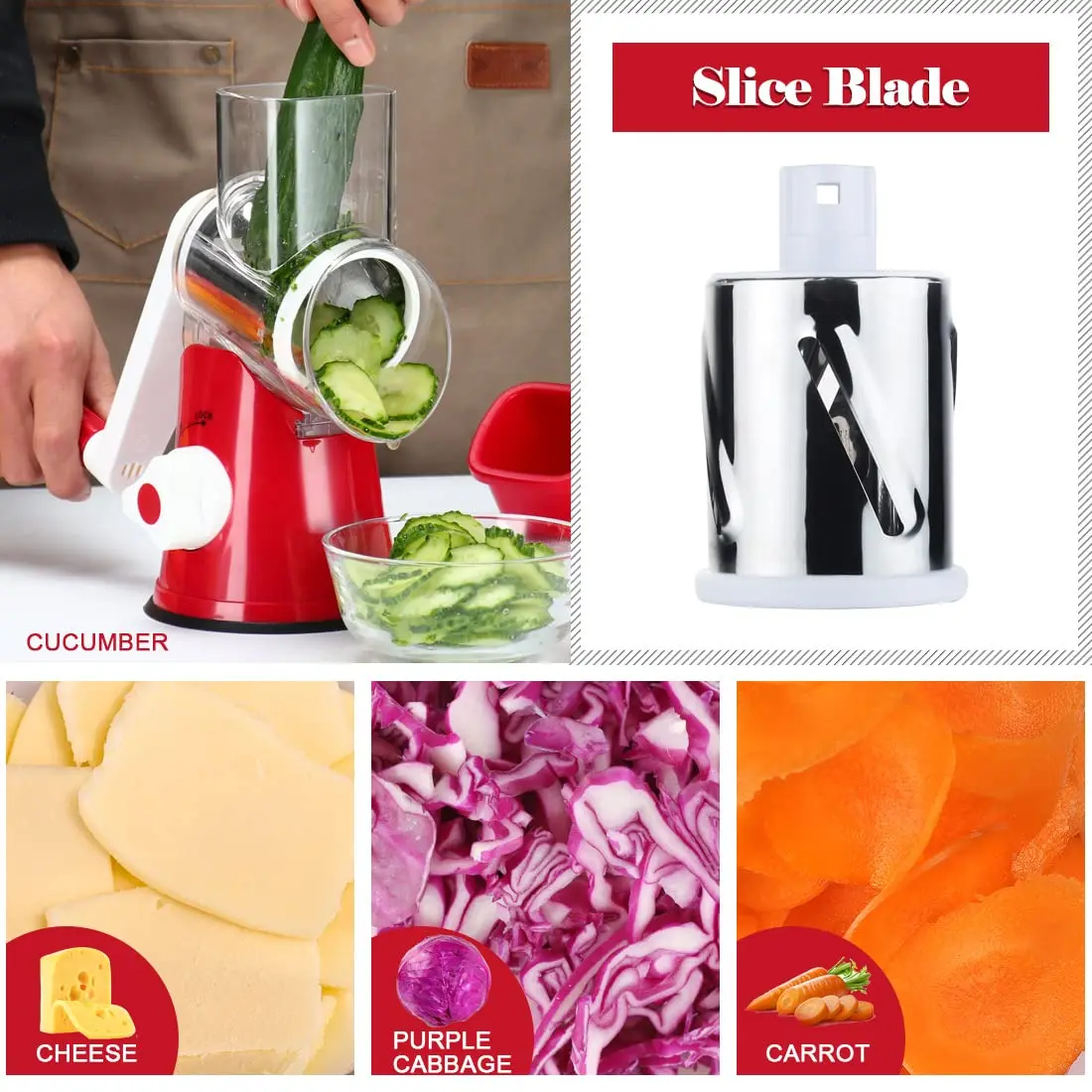 Ourokhome Rotary Cheese Grater Hand Crank | 3 Blades for Cheese & Vegetables, 304 Stainless Steel, Red - view 5