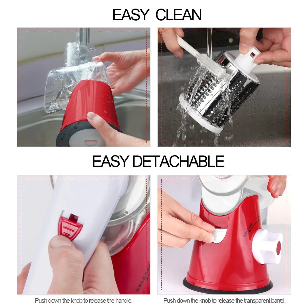 Ourokhome Rotary Cheese Grater Hand Crank | 3 Blades for Cheese & Vegetables, 304 Stainless Steel, Red - view 6