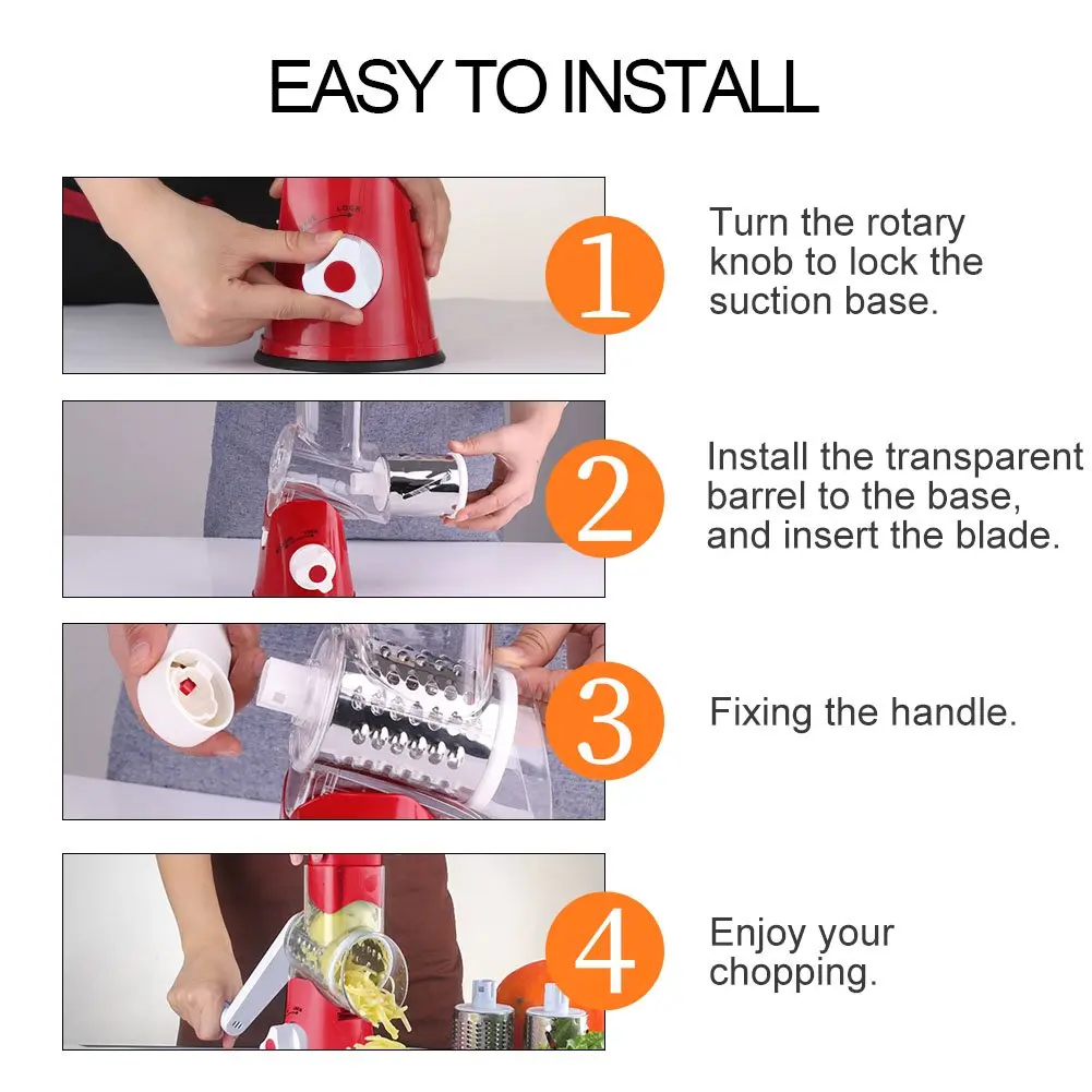 Ourokhome Rotary Cheese Grater Hand Crank | 3 Blades for Cheese & Vegetables, 304 Stainless Steel, Red - view 7