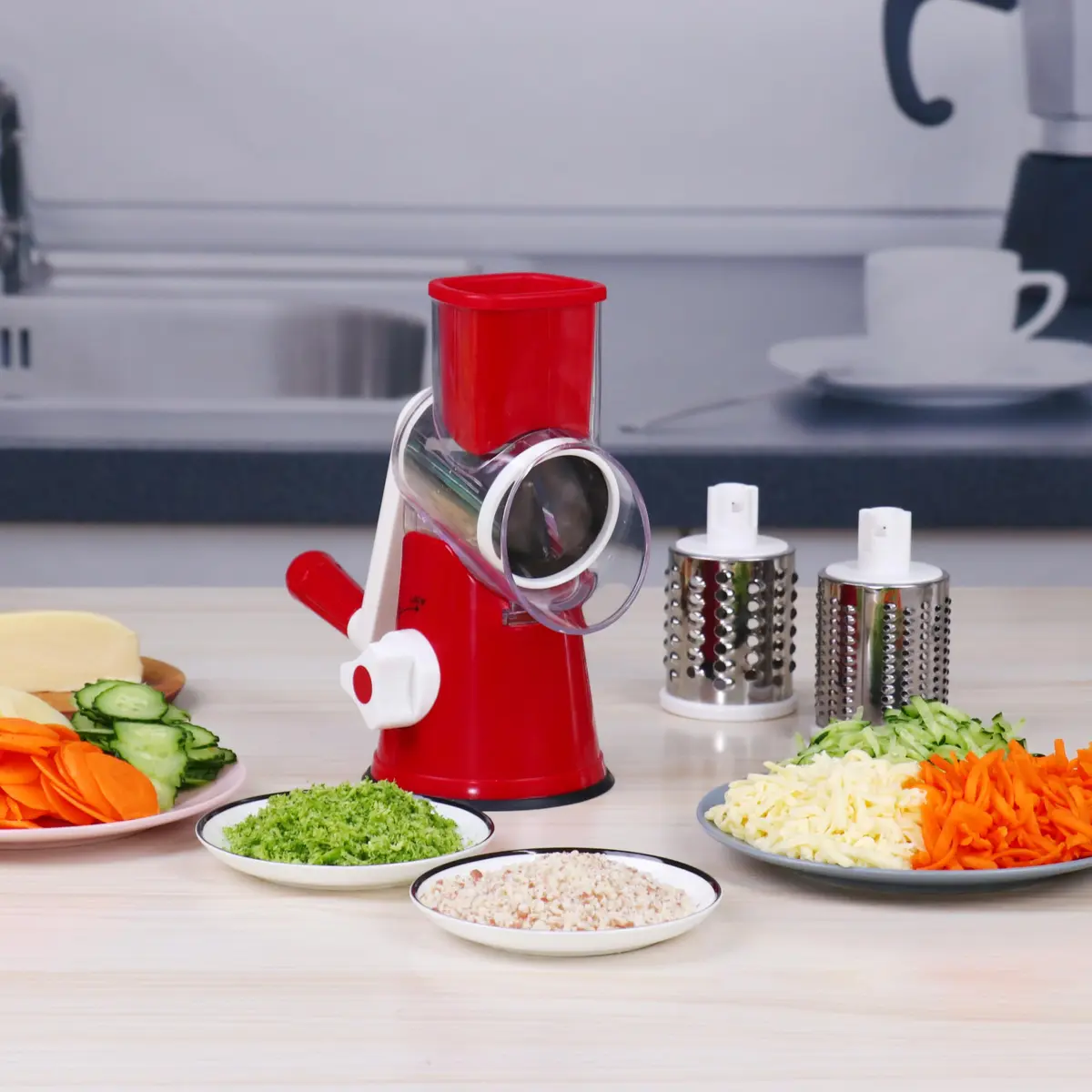 Ourokhome Rotary Cheese Grater Hand Crank | 3 Blades for Cheese & Vegetables, 304 Stainless Steel, Red - view 9