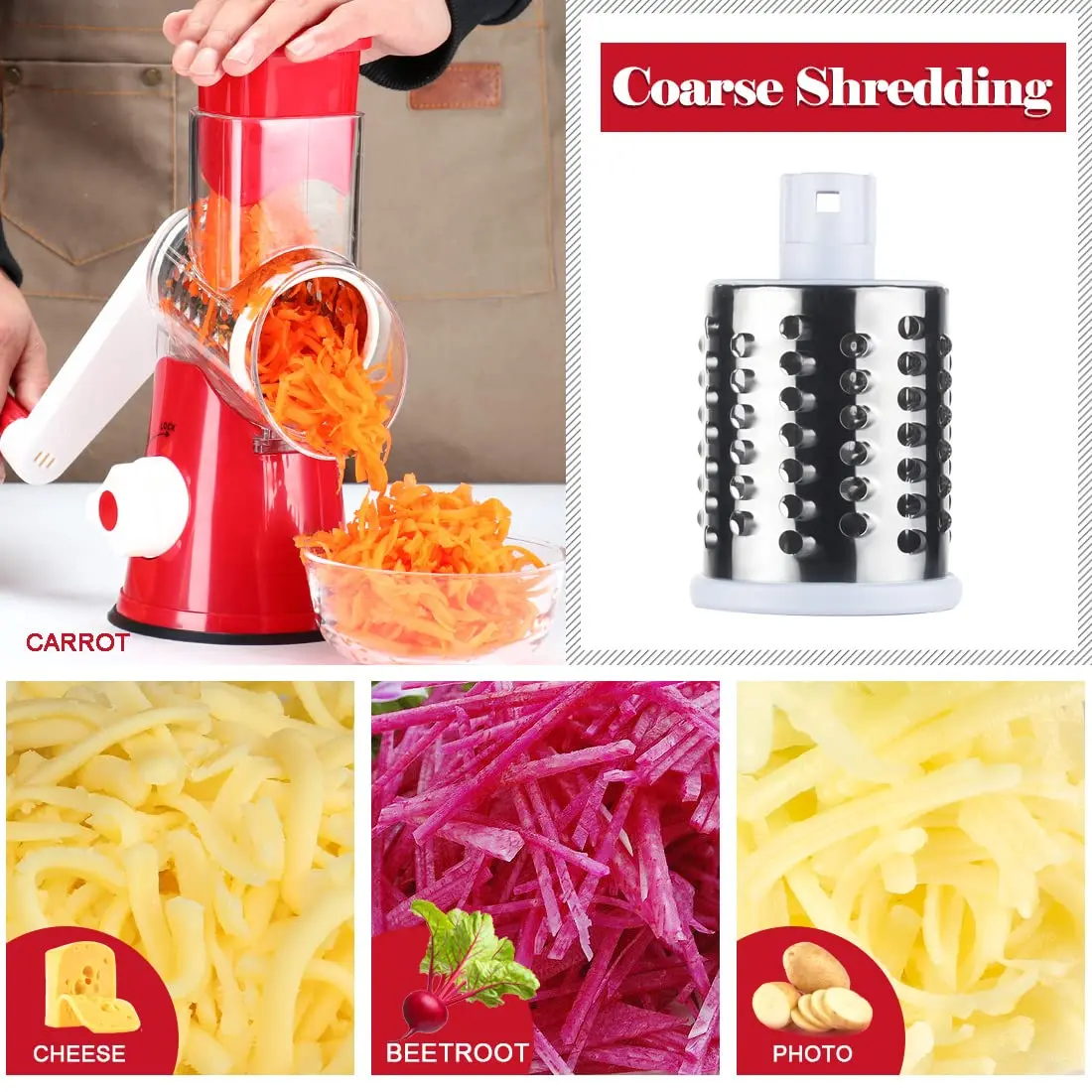 Ourokhome Rotary Cheese Grater Hand Crank | 3 Blades for Cheese & Vegetables, 304 Stainless Steel, Red - view 3