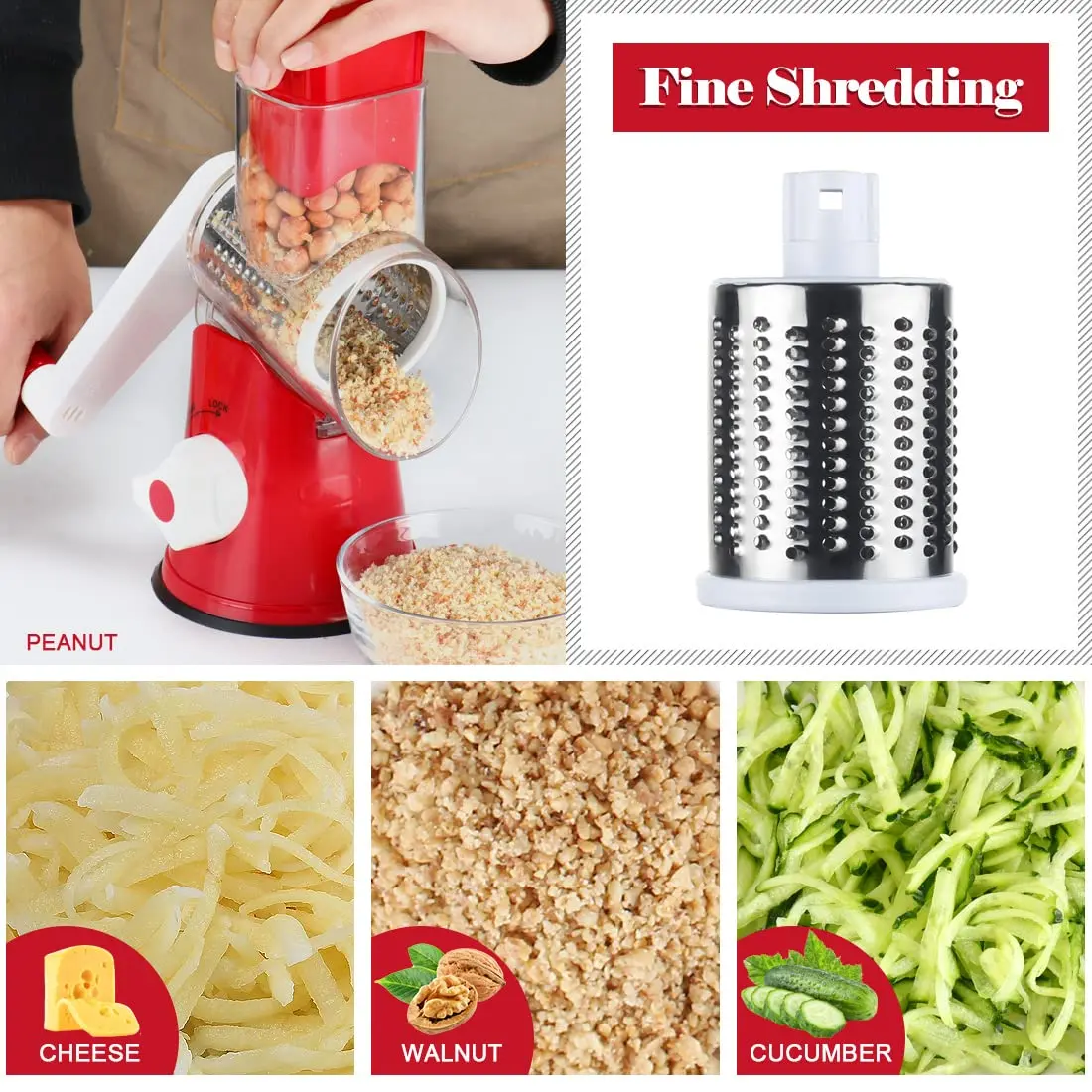 Ourokhome Rotary Cheese Grater Hand Crank | 3 Blades for Cheese & Vegetables, 304 Stainless Steel, Red - view 4