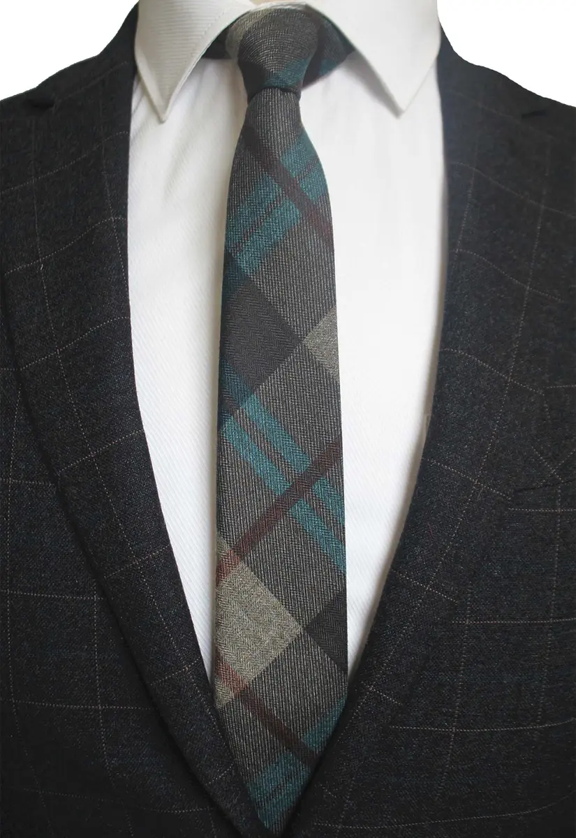 JEMYGINS 2.4" Mens Cotton Skinny Tie Plaid Striped Cashmere Wool Necktie (22) | Unique Design for Business & Party - view 2