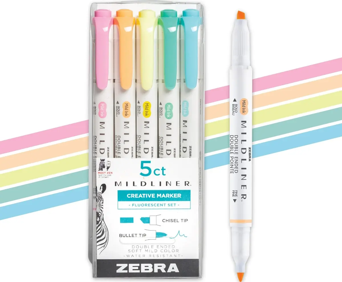 Zebra Pen Mildliner Dual-Tip Highlighter Set 5 Count (Pack of 1) | Smooth Ink Flow for Students & Office - main product image