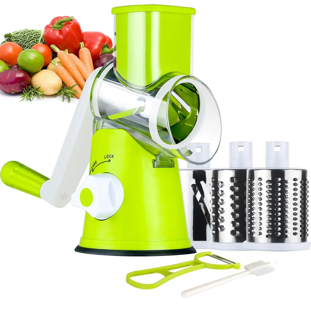 Ourokhome Rotary Cheese Grater Hand Crank | 3 Blades for Cheese, Vegetables & Nuts, Green - main product image