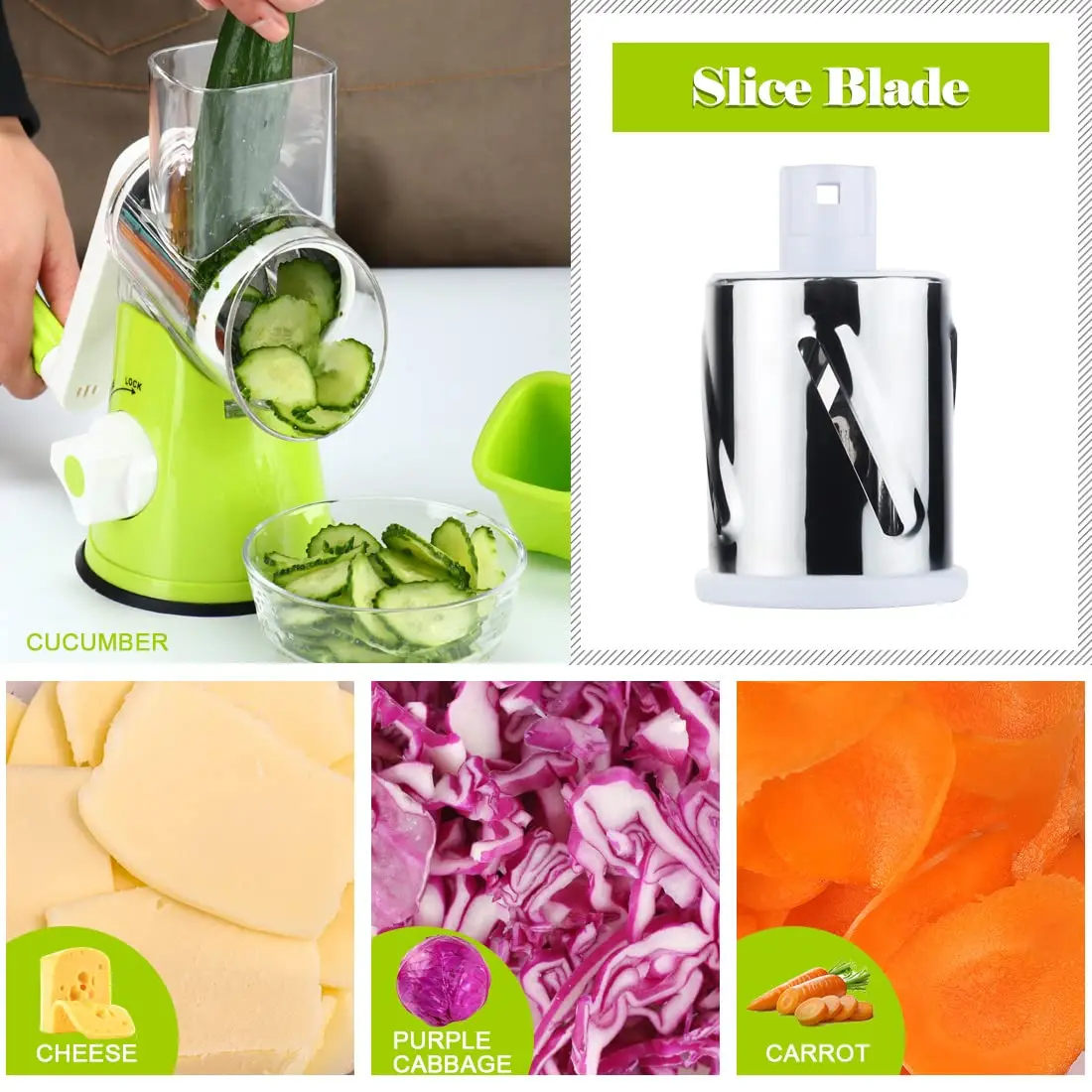 Ourokhome Rotary Cheese Grater Hand Crank | 3 Blades for Cheese, Vegetables & Nuts, Green - view 5