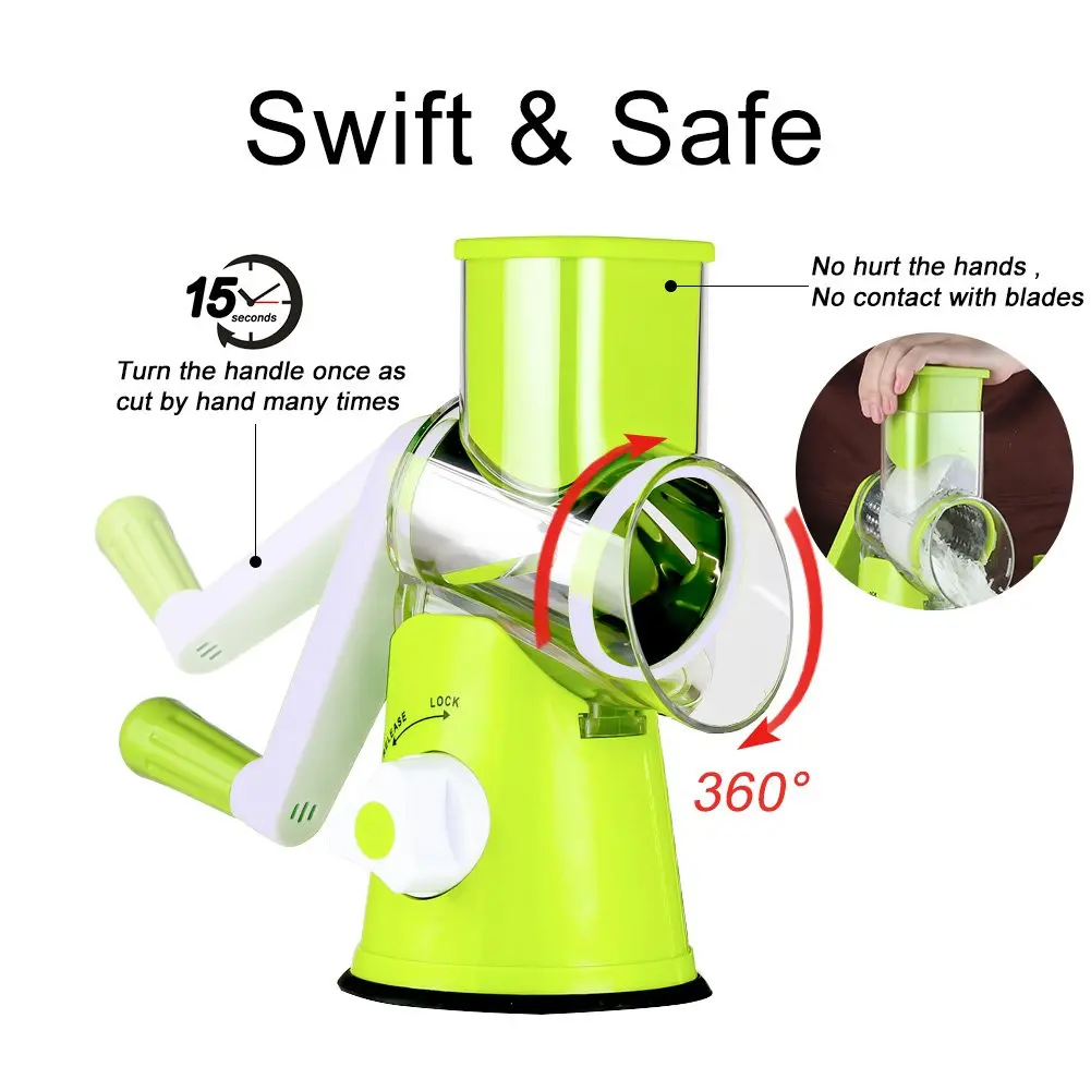 Ourokhome Rotary Cheese Grater Hand Crank | 3 Blades for Cheese, Vegetables & Nuts, Green - view 7