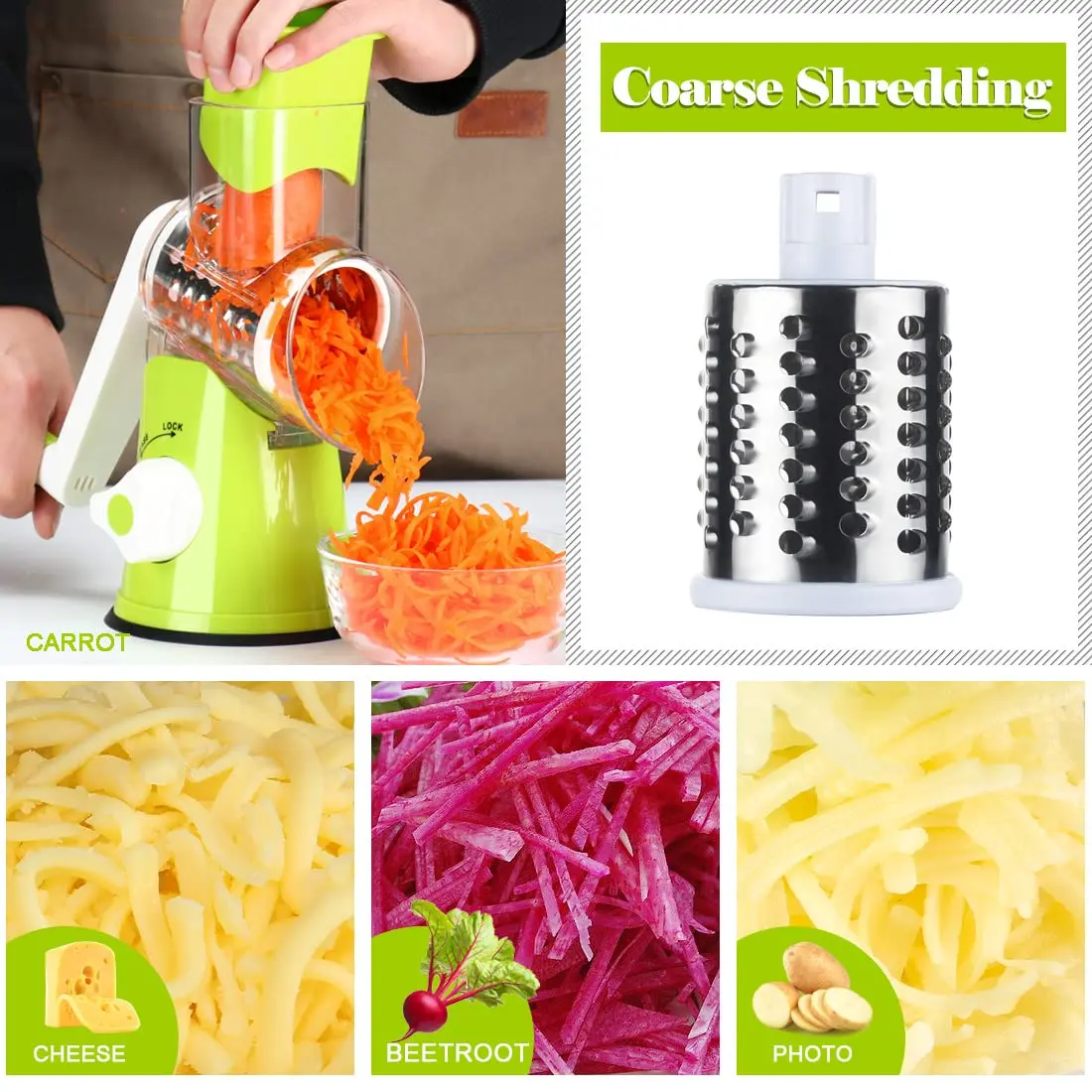 Ourokhome Rotary Cheese Grater Hand Crank | 3 Blades for Cheese, Vegetables & Nuts, Green - view 3