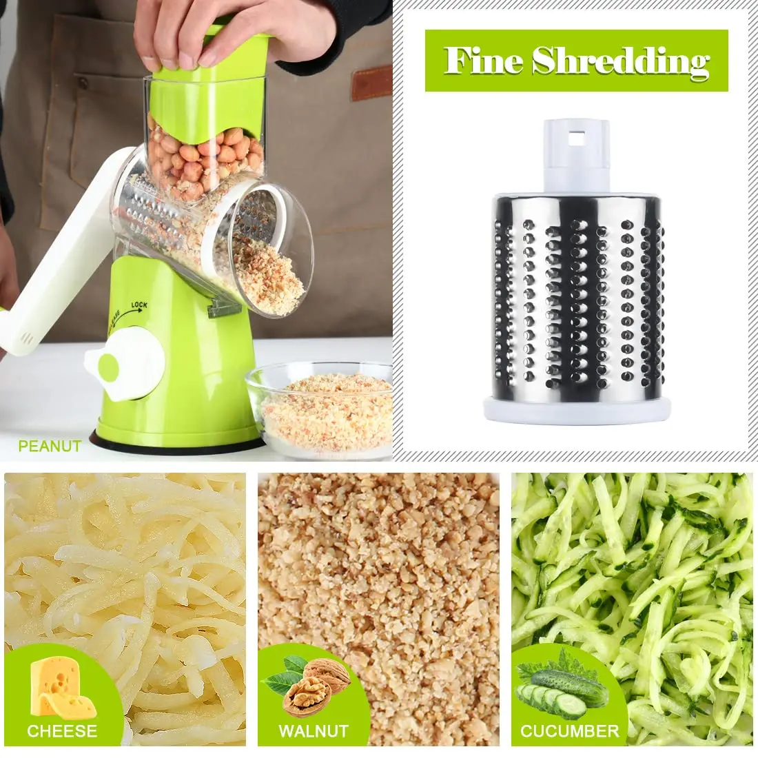 Ourokhome Rotary Cheese Grater Hand Crank | 3 Blades for Cheese, Vegetables & Nuts, Green - view 4