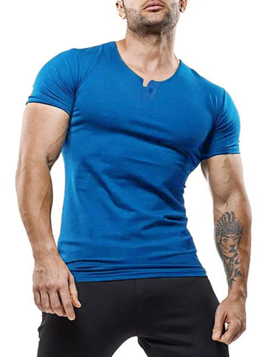 palglg Mens Short Sleeve Cotton Slim Fitted Sport Henley T-Shirt with Button Blue S | Soft, Stretchy Cotton, Casual & Athletic Fit - main product image