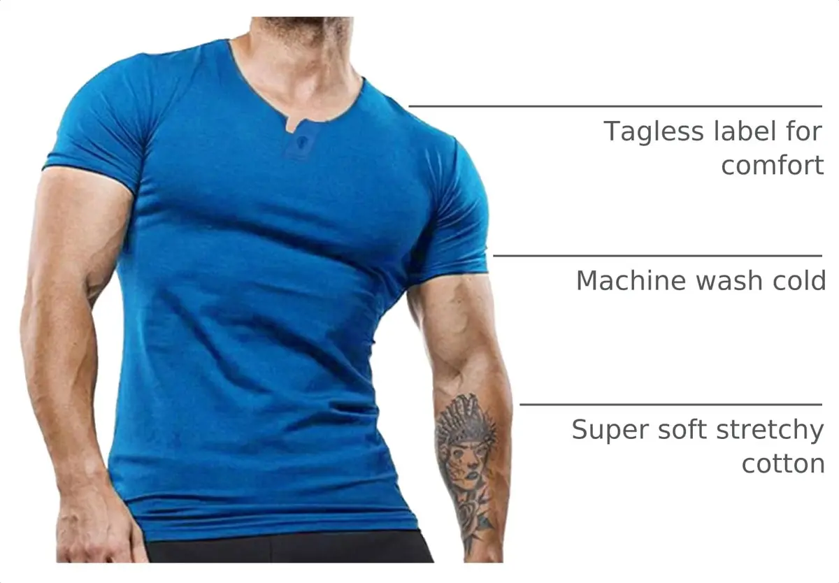 palglg Mens Short Sleeve Cotton Slim Fitted Sport Henley T-Shirt with Button Blue S | Soft, Stretchy Cotton, Casual & Athletic Fit - view 4