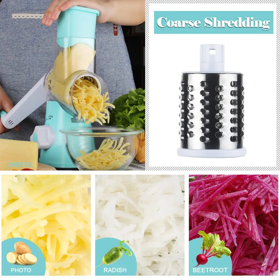 Ourokhome Rotary Cheese Grater Hand Crank | 3 Blades for Cheese & Vegetables, Blue - view 5