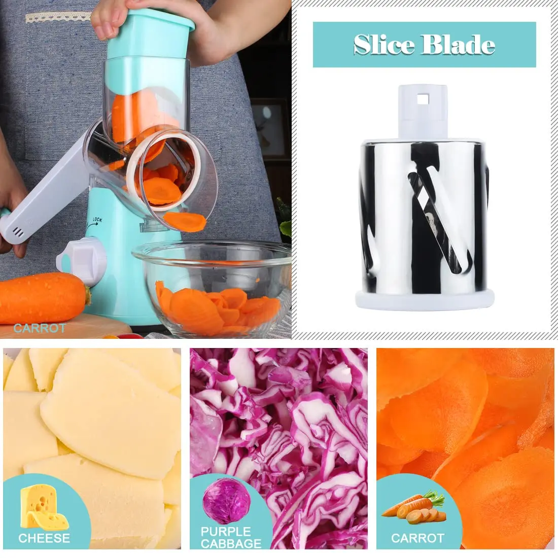 Ourokhome Rotary Cheese Grater Hand Crank | 3 Blades for Cheese & Vegetables, Blue - view 3
