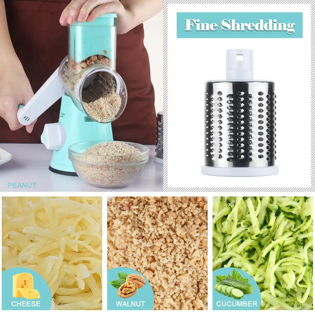 Ourokhome Rotary Cheese Grater Hand Crank | 3 Blades for Cheese & Vegetables, Blue - view 4
