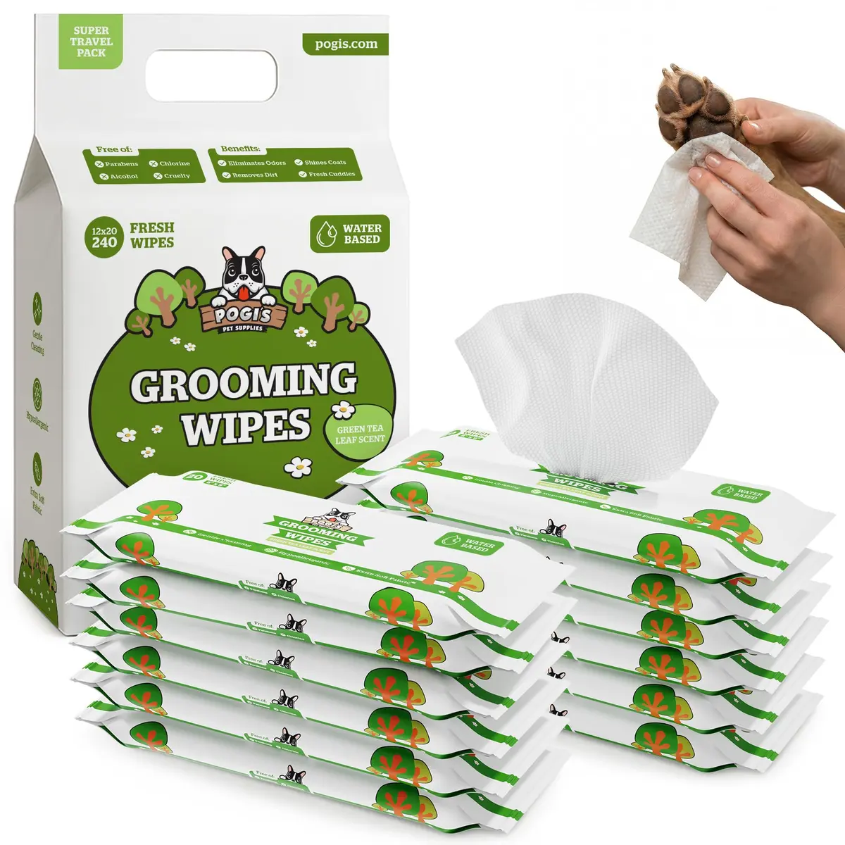 Pogi's Dog Grooming Wipes for Paws & Butt 240 Count | Green Tea Scent, Large 8 x 9 Inch, Hypoallergenic - main product image