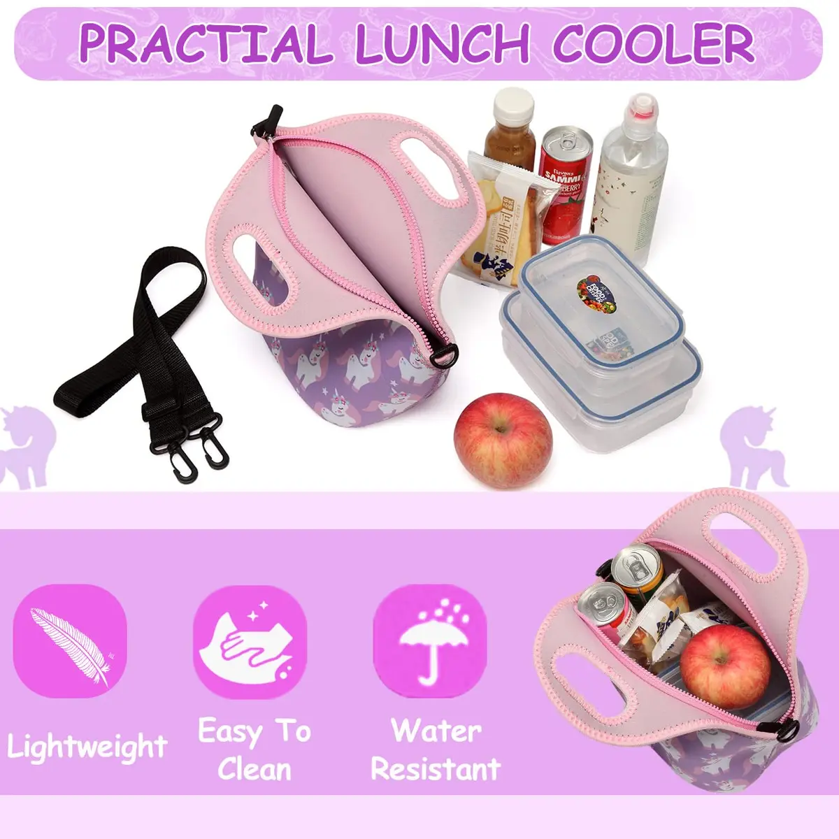 VASCHY Insulated Lunch Bag for Children 29x15x30cm Unicorn | Waterproof Neoprene Thermal Tote - view 5