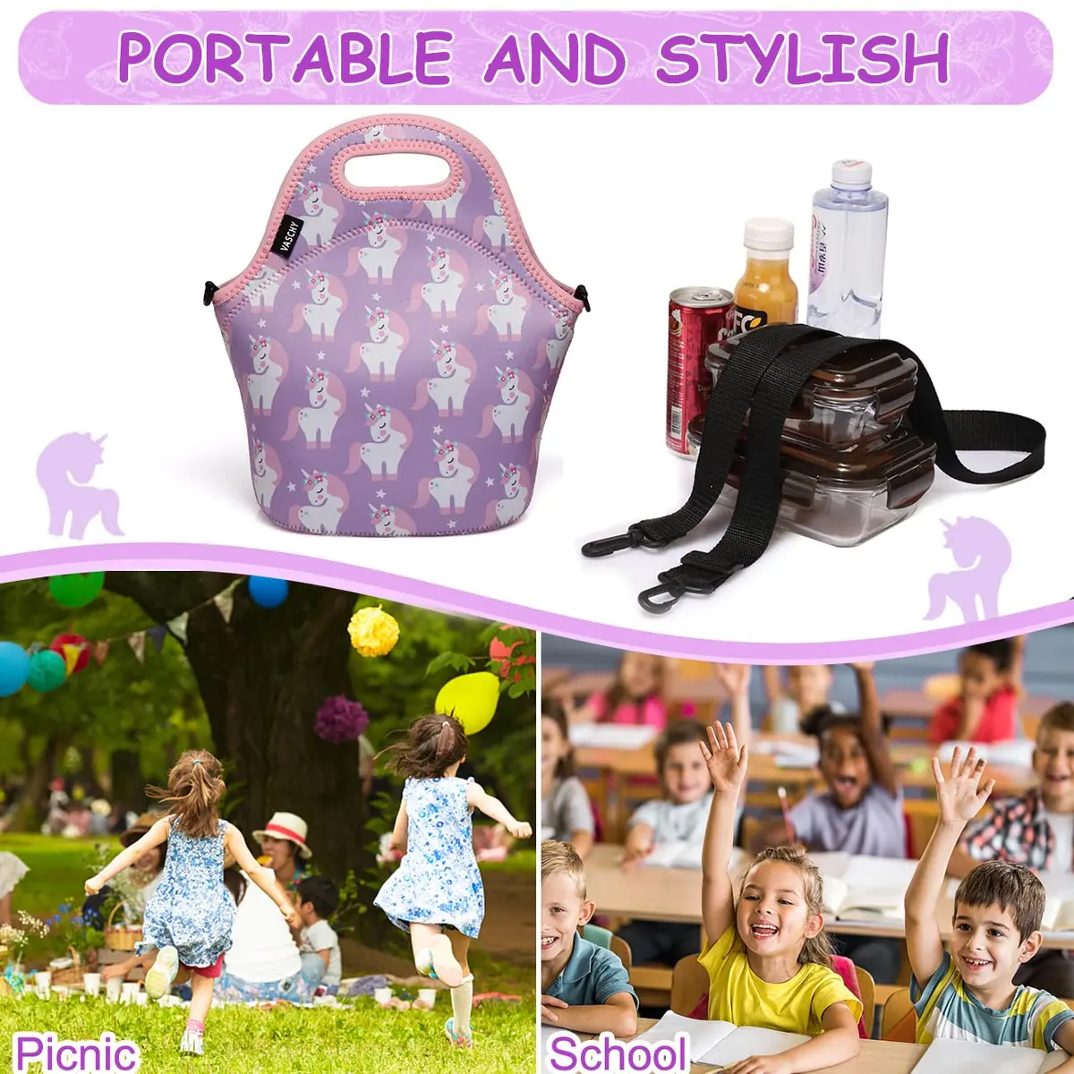 VASCHY Insulated Lunch Bag for Children 29x15x30cm Unicorn | Waterproof Neoprene Thermal Tote - view 7