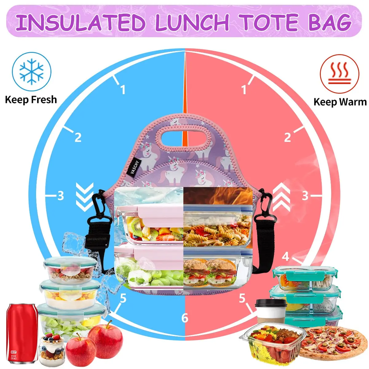 VASCHY Insulated Lunch Bag for Children 29x15x30cm Unicorn | Waterproof Neoprene Thermal Tote - view 2