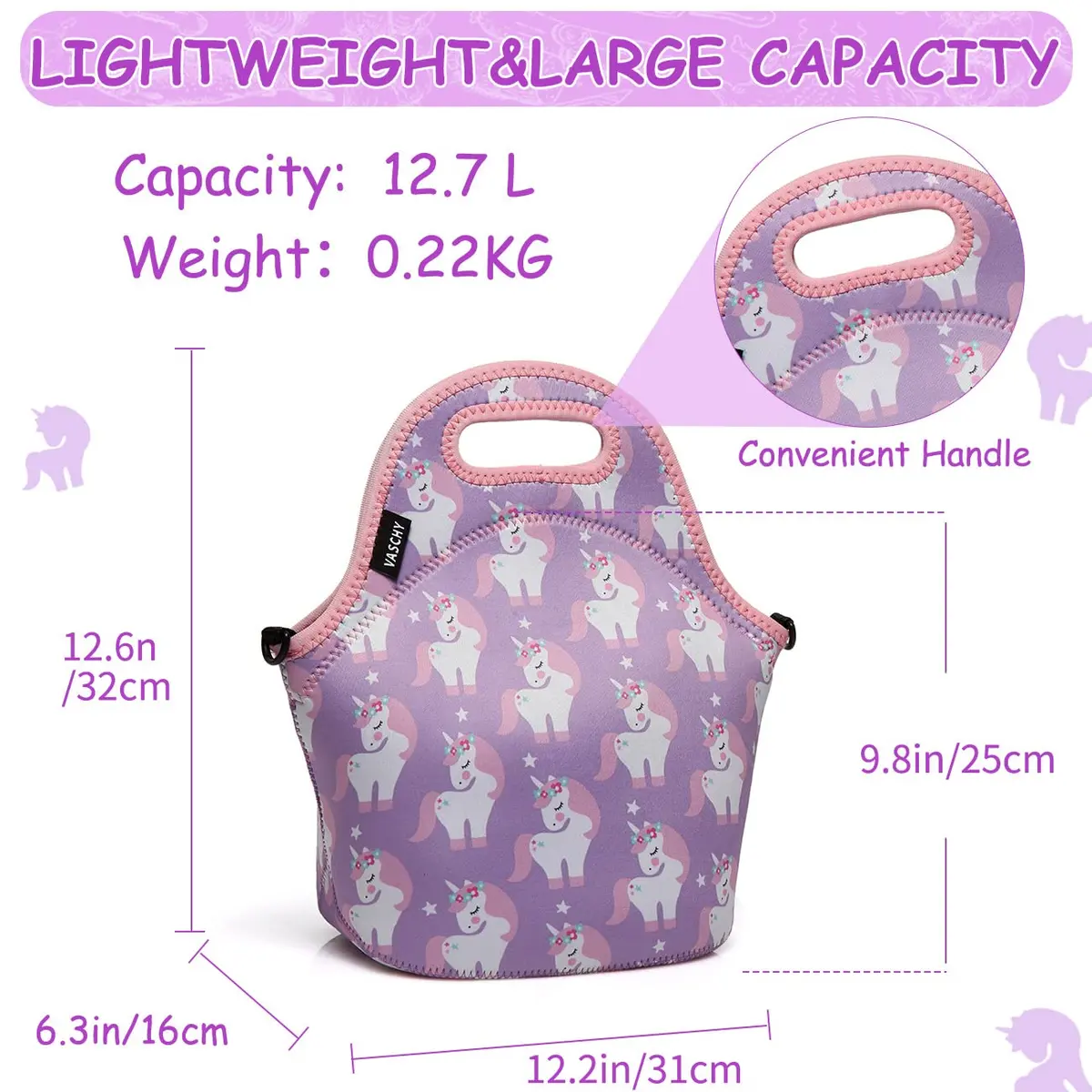 VASCHY Insulated Lunch Bag for Children 29x15x30cm Unicorn | Waterproof Neoprene Thermal Tote - view 3