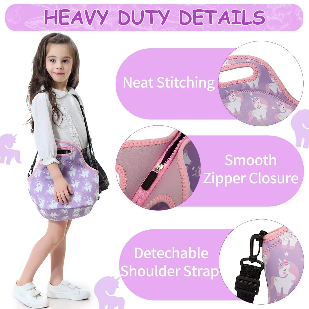 VASCHY Insulated Lunch Bag for Children 29x15x30cm Unicorn | Waterproof Neoprene Thermal Tote - view 4