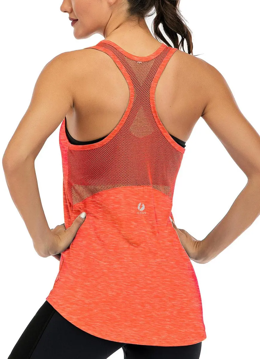 Fihapyli Sleeveless Yoga Tank Top for Women Mesh Racerback Backless Neon Orange | Breathable & Quick Dry Activewear - main product image