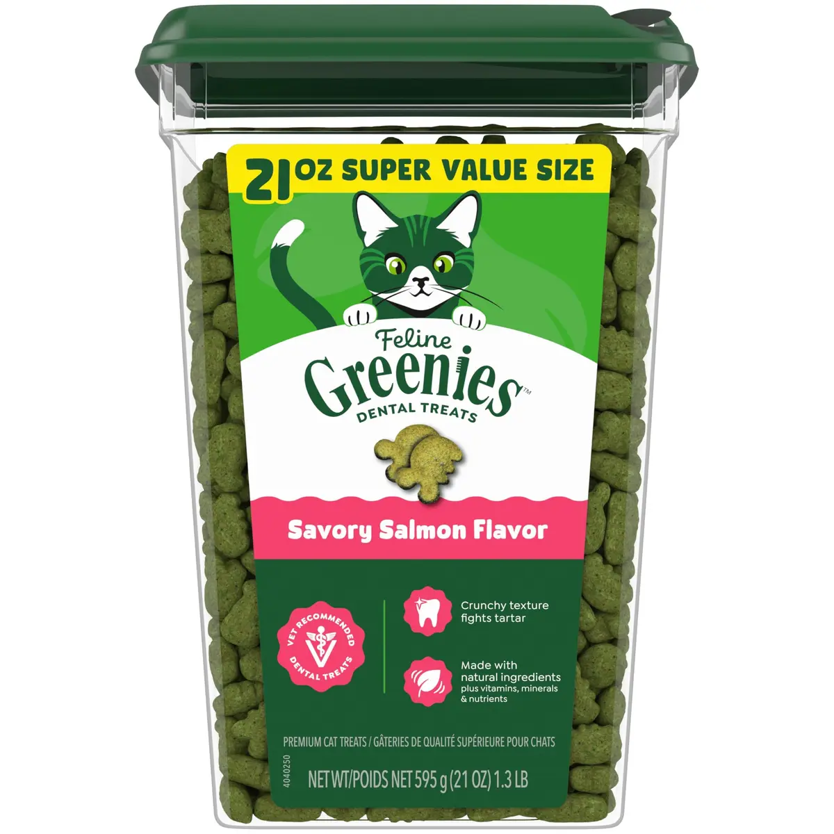 Greenies Feline Natural Crunchy Dental Cat Treats Salmon Flavor 21 oz (595 g) | Vet-Recommended Oral Care - main product image